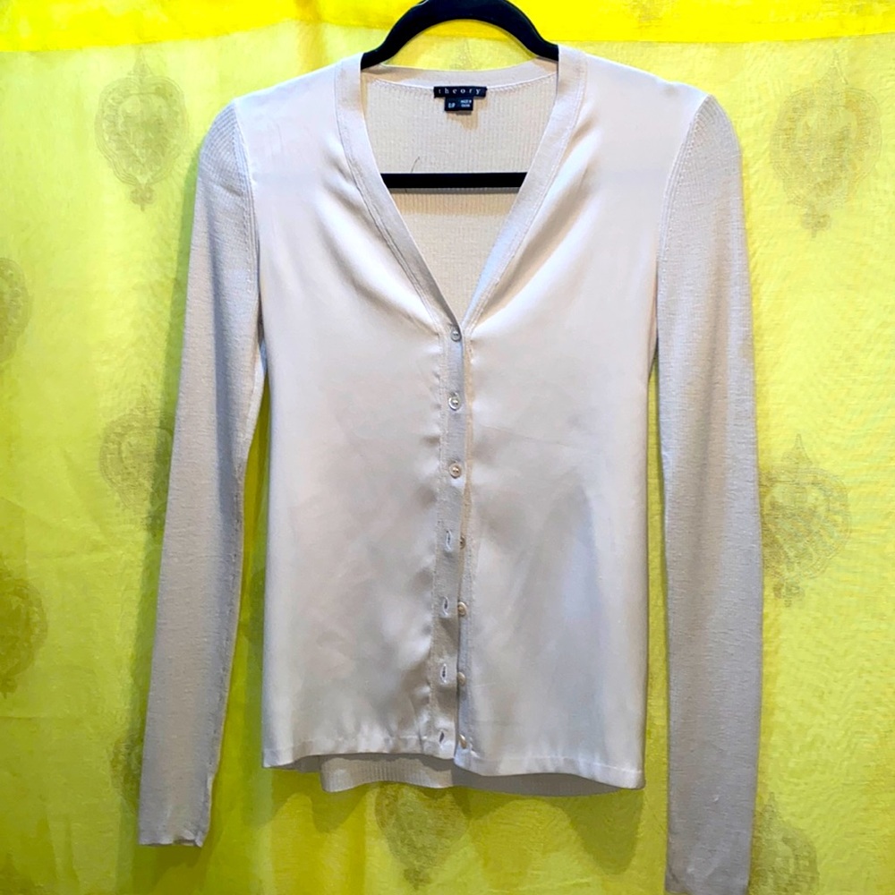 THEORY BEIGE SILK/WOOL BUTTON DOWN COMBO BLLUSE/SWEATER TOP SZ S